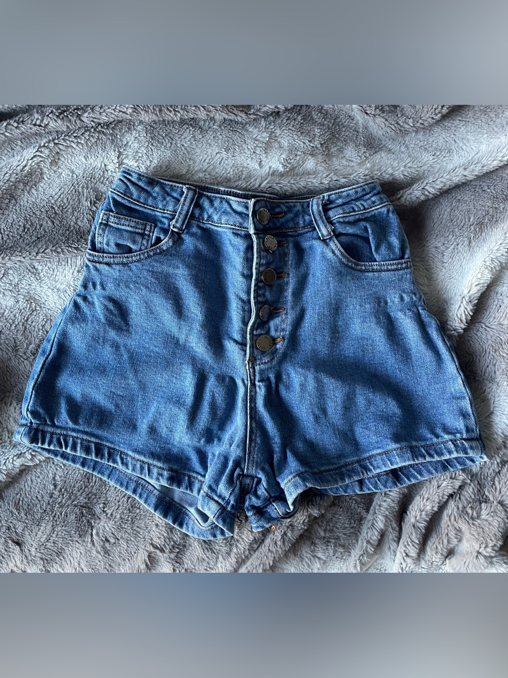 High-Rise Button-Front Denim Shorts in Blue